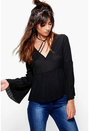 Emily Pleat Hem Tie Neck Woven Top