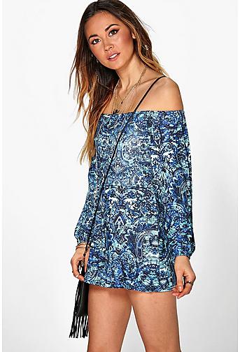 Nia Blue Paisley Off The Shoulder Playsuit