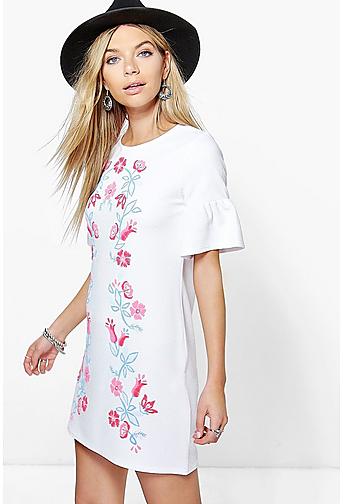 Ruth Printed Embroidery Bell Sleeve Shift Dress