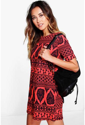 Melli Ethnic Print Cap Sleeve Shift Dress