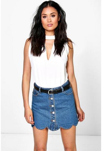 Ella Scalloped Hem Denim Button Through Skirt