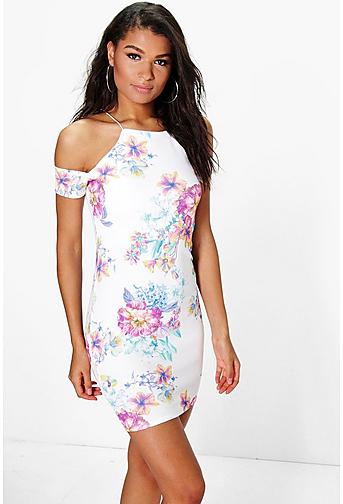 Thea Floral Cold Shoulder Strappy Bodycon Dress