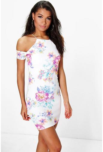 Thea Floral Cold Shoulder Strappy Bodycon Dress