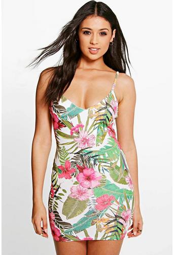 Orlanda Tropical Back Strap Detail Bodycon Dress