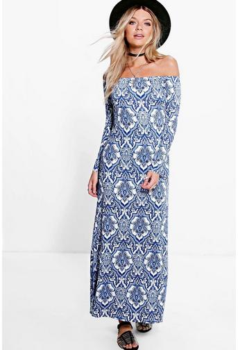 Ria Paisley Off Shoulder Flared Sleeve Maxi Dress