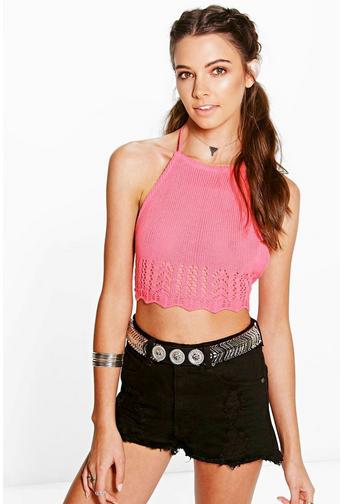 Maya Crochet Edge Halterneck Tie Back Top