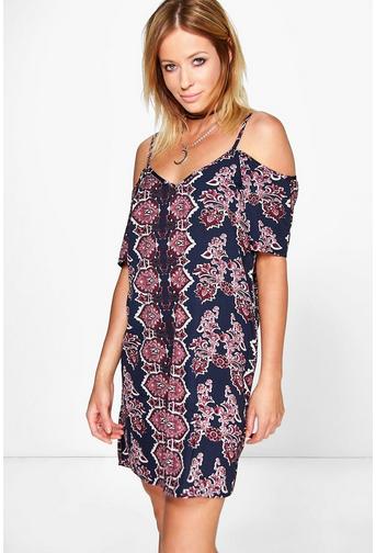 Cameron Paisley Open Shoulder Shift Dress