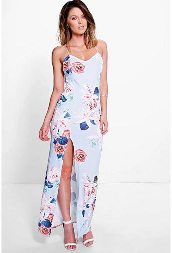 Emrata Strappy Cross Back Floral Slinky Maxi Dress