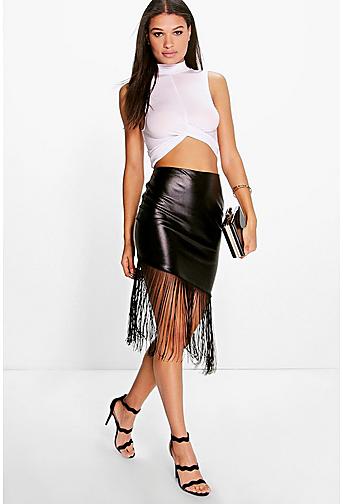 Avalyn Leather Look Asymetric Tassled Skirt!