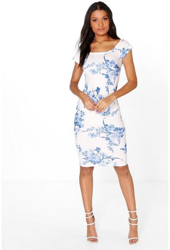 Isla Porcelain Off The Shoulder Midi Bodycon Dress