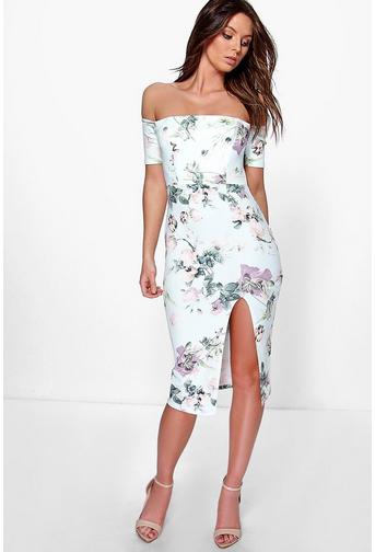 Jessy Floral Print Off The Shoulder Midi Dress