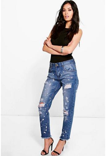 Sally Bleach Spatter Distressed Boyfriends Jeans