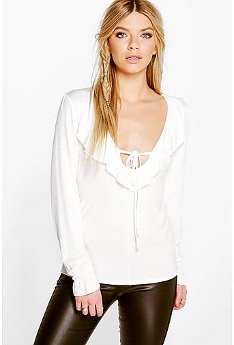 Mandy Tie Front Frill Long Sleeve Top