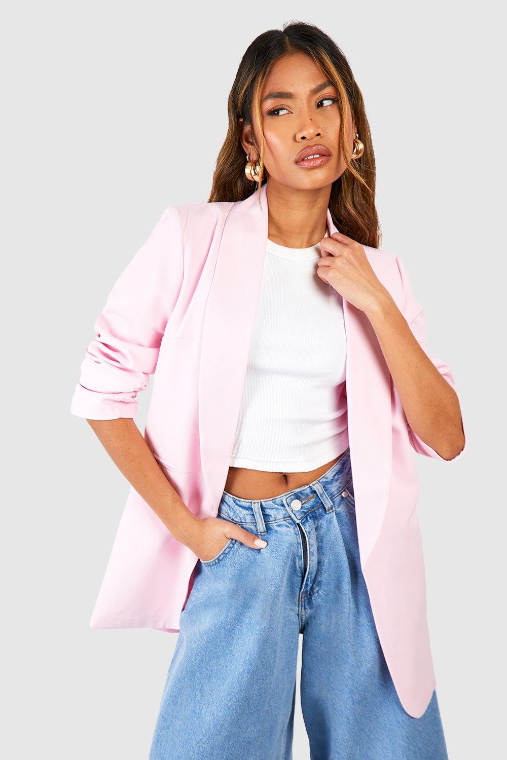white blazer with ruched sleeves