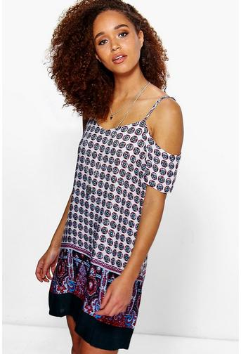 Callie Cold Shoulder Border Print Shift Dress