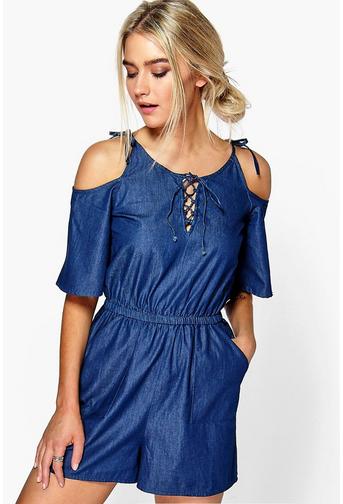 Sophie Open Shoulder Denim Playsuit