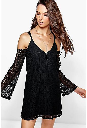 Yumiko All Over Lace Cold Shoulder Swing Dress