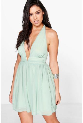 Takeko Chiffon Deep V Ruched Skater Dress