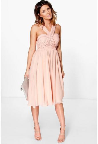 Rowa Pleated Strappy Midi Skater Dress