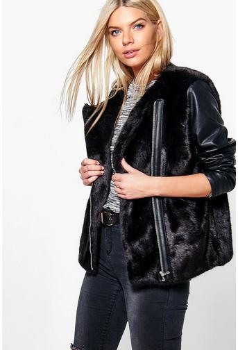 Leah PU Sleeve Faux Fur Zip Up Jacket