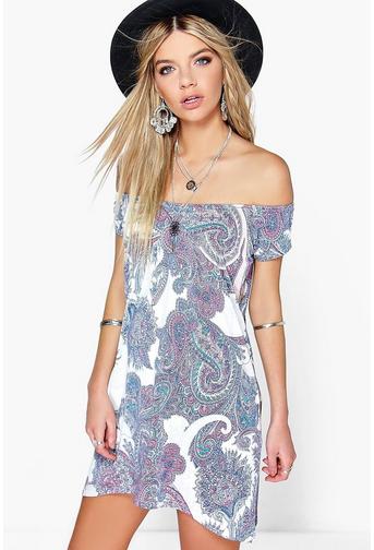 Lily Paisley Printed Off Shoulder Dress