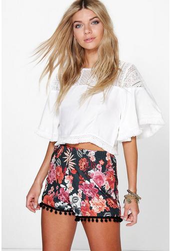 Eve Floral Print Pom Pom Trim Flippy Short