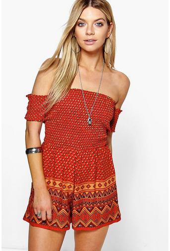 Shally Smocked Top Off The Shoulder Playsuit