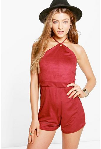 Penny Eyelet Detail Halterneck Suedette Playsuit