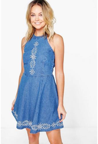 Gia Embroidered Denim Skater Dress