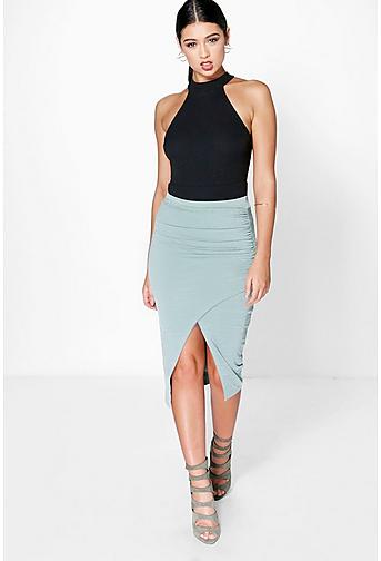 Ava Rouched Side Textured Slinky Midi Skirt