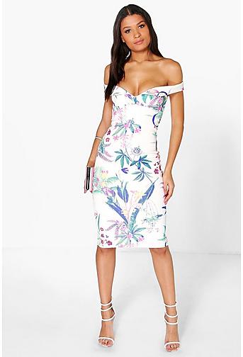 Cleo Floral Sweetheart Off The Shoulder Midi Dress