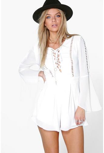 Emily Flute Sleeve Trimmed Chiffon Playsuit