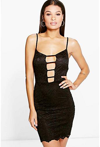 Isara Lace Plunge Strap Detail Bodycon Dress