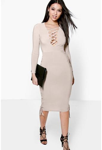 Joy Lace Up Side Detail Plunge Neck Midi Dress