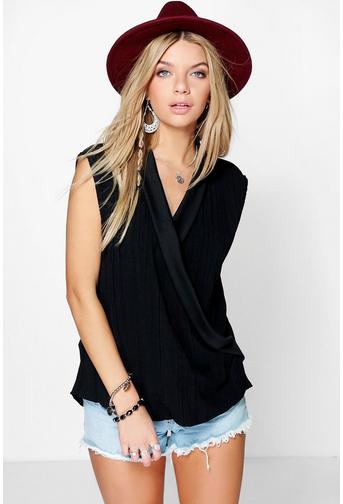 Maddie Pleated Crepe Wrap Front Top