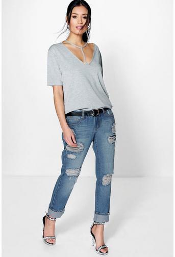 Lara Low Rise Rip Repair And Distress Mom Jeans