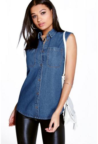 Casey Sleeveless Patch Pocket Denim Shirt