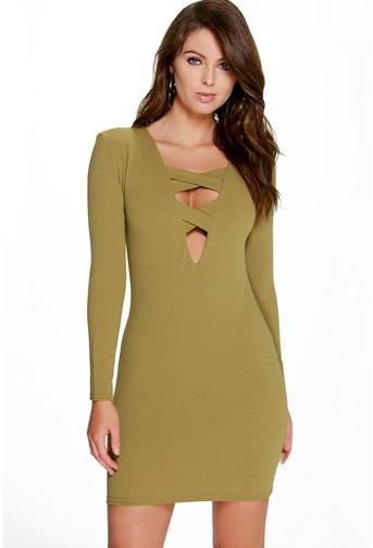 Eleanor Cross Front Long Sleeve Bodycon Dress