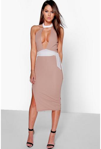 Gigi High Neck Contrast Tie Midi Dress