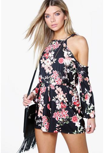 Lris Floral Cold Shoulder Flute Sleeve Playsuit