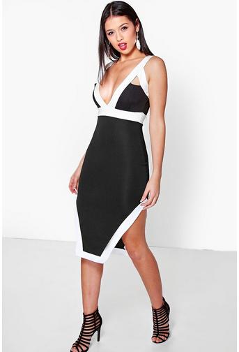 Ria Contrast Colour Cut Away Hem Midi Dress