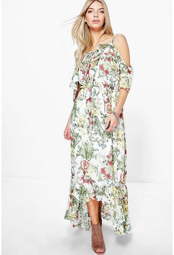 Cari Floral Print Ruffle Neck Maxi Dress