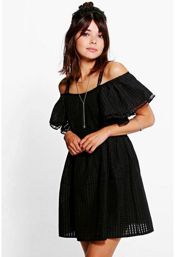 Rosie Woven Mesh Frill Sleeve Skater Dress