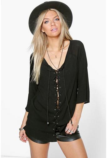 Emma Lace Up Crinkle Blouse