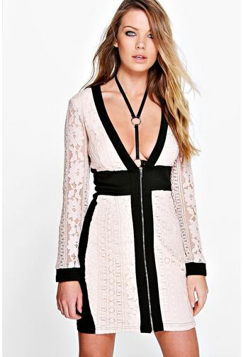 Maya Boutique Lace Panel Zip Detail Bodycon Dress