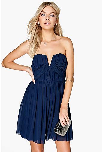 Boutique Becky Mesh Rouched Plunge Prom Dress