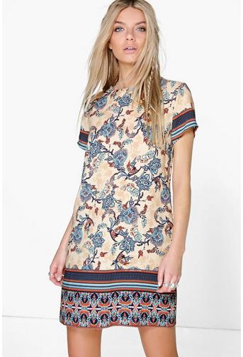 Belene Border Print Cap Sleeve Shift Dress