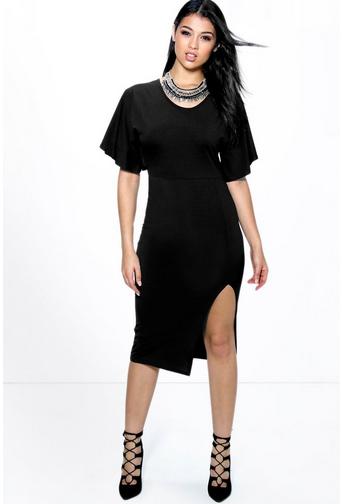 Ciara Textured Frill Sleeve Midi Bodycon Dress