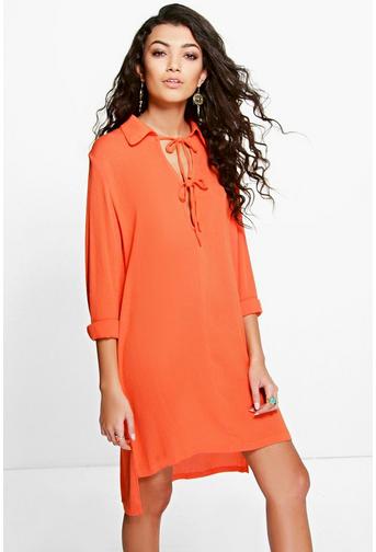Allie Keyhole Lace Up Dipped Hem Shirt Dress