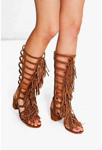 Anna Fringe Knee High Block Heel Sandal